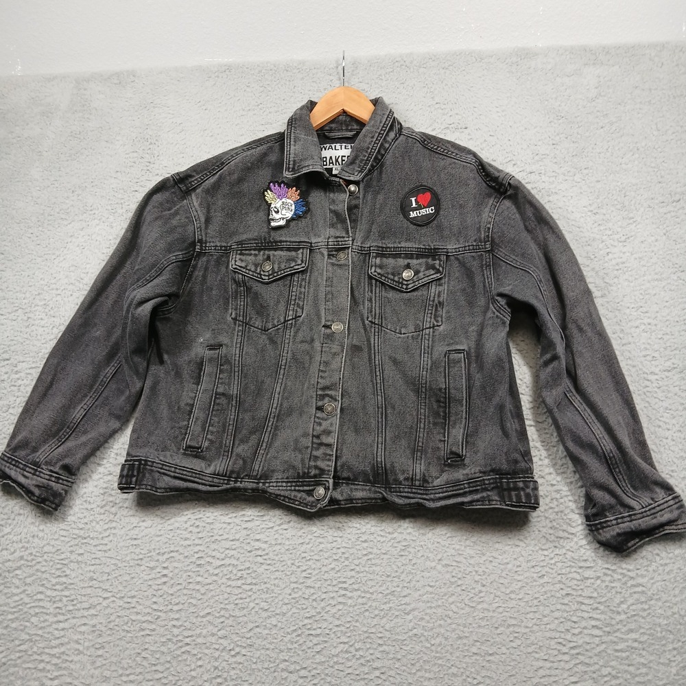Walter Baker Black Denim Jacket‎ Women's XL Gray Washed Jean Coat Embellished